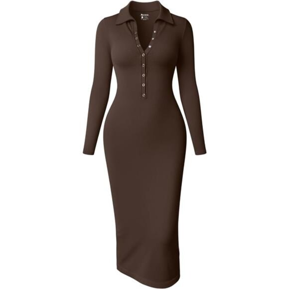 Dresses & Skirts - Women's Long Sleeve Maxi Dress Ribbed Coffee